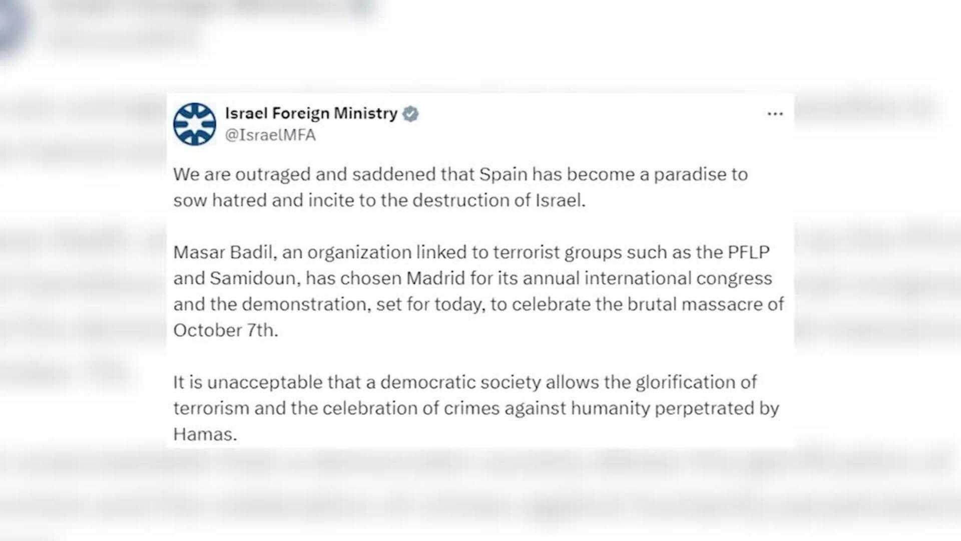 Israel reprocha a España que sea "un paraíso" para "incitar a la destrucción del país"
