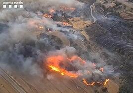 El fuego abrasa a dos agricultores en Lleida en el primer gran incendio del verano