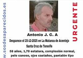 Alertan de la desaparición de «alta vulnerabilidad» de Antonio J. C. A. en Tenerife