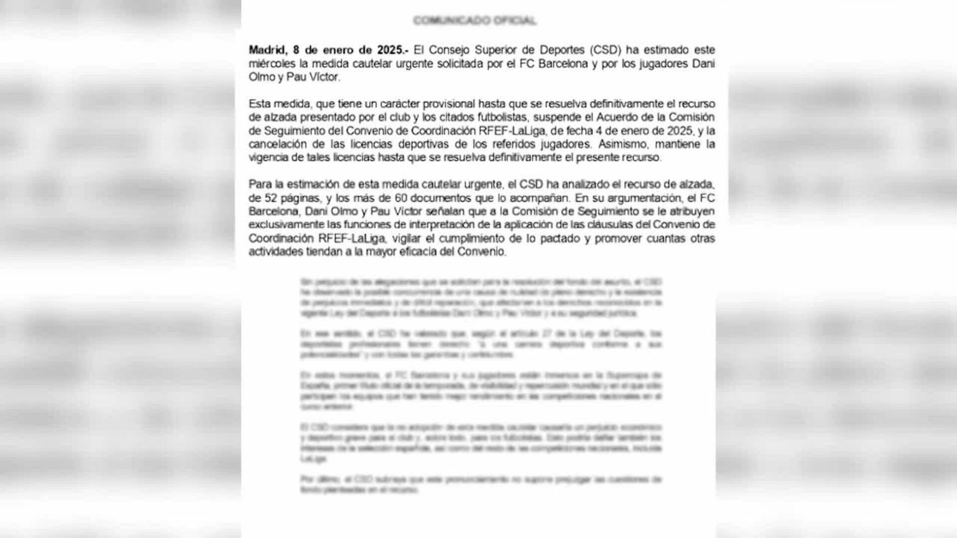 El CSD concede la cautelar urgente pedida por el Barça para Dani Olmo y Pau Víctor