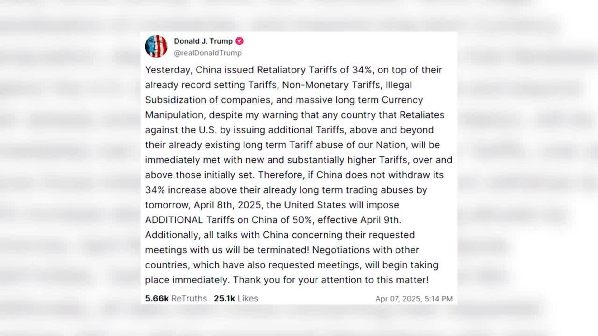 Trump amenaza a China con un arancel del 50% si Pekín no retira su tasa del 34%