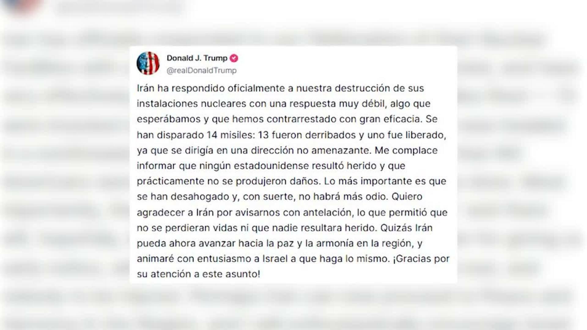 Trump agradece a Irán que avisara de su ataque en Qatar y le invita a "seguir en paz"