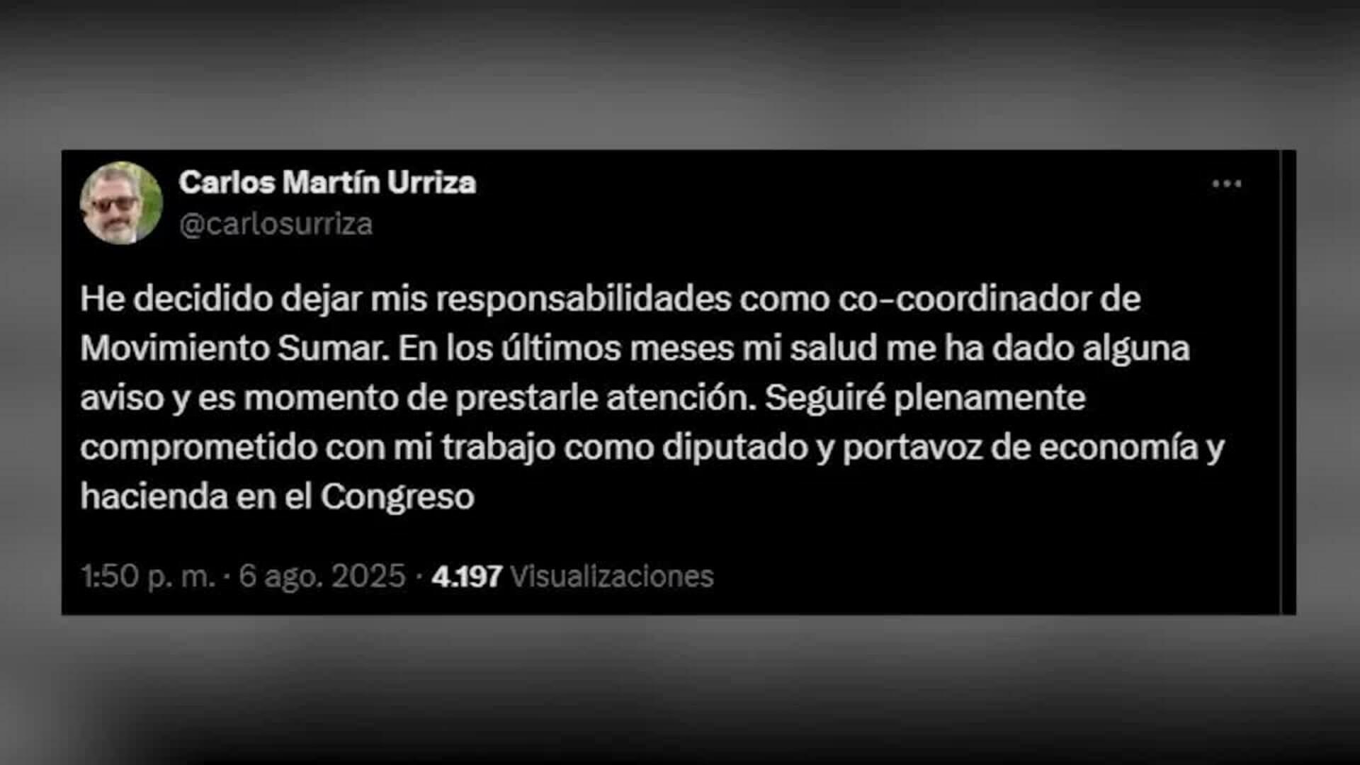 Dimite por motivos de salud uno de los dos coordinadores de Sumar, Carlos Martín