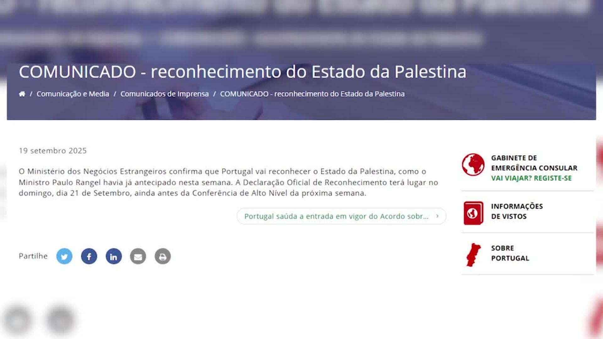 Portugal anuncia el reconocimiento de Palestina como Estado