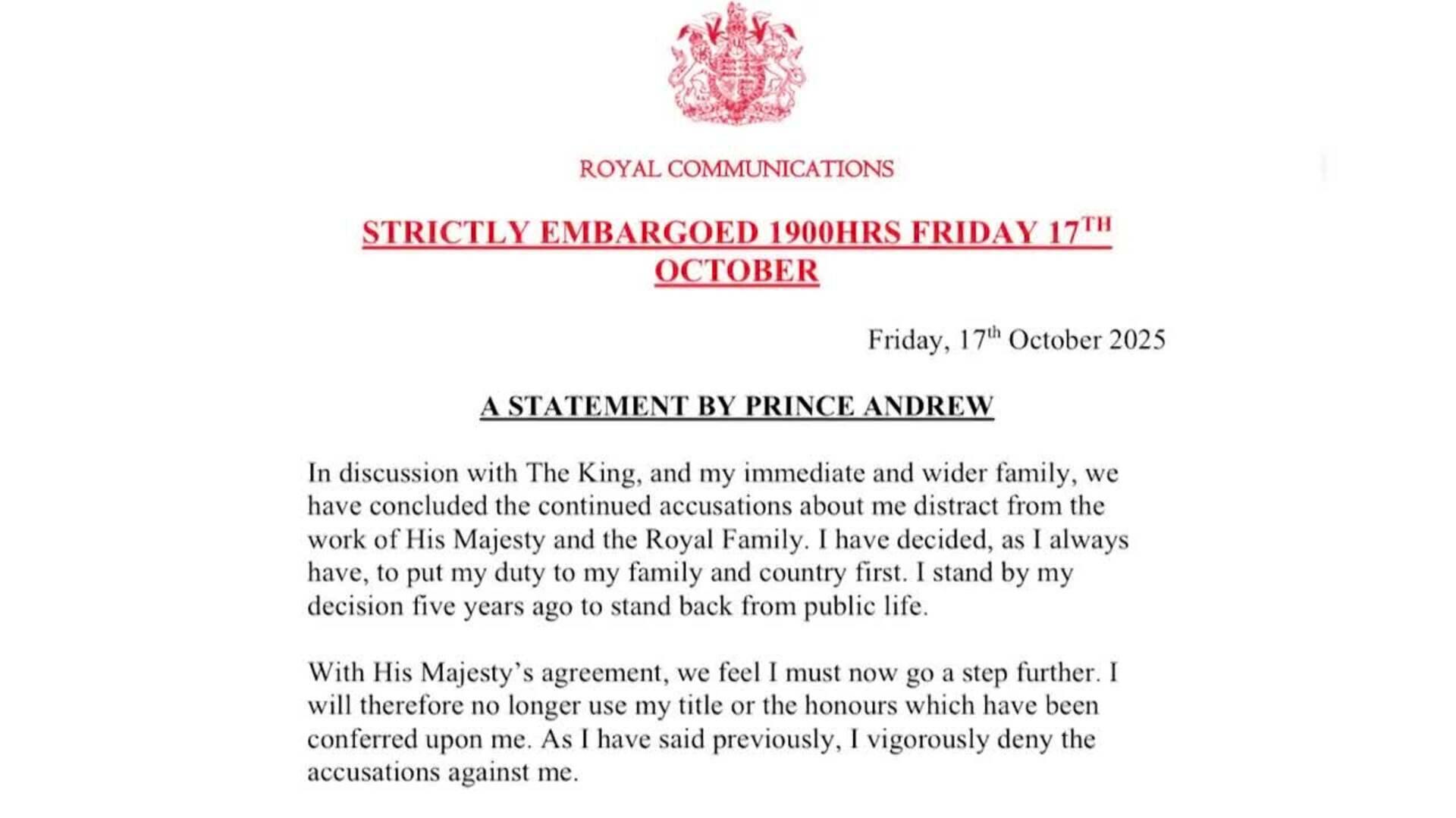 El Príncipe Andrés de Inglaterra renuncia a todos sus títulos tras el escándalo de Epstein