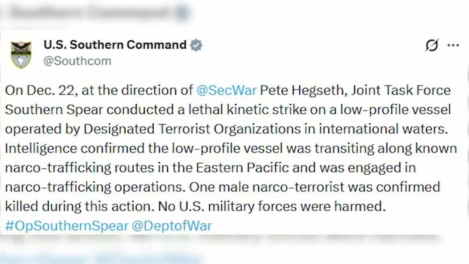 EEUU mata a una persona en un nuevo ataque contra una embarcación en el Pacífico