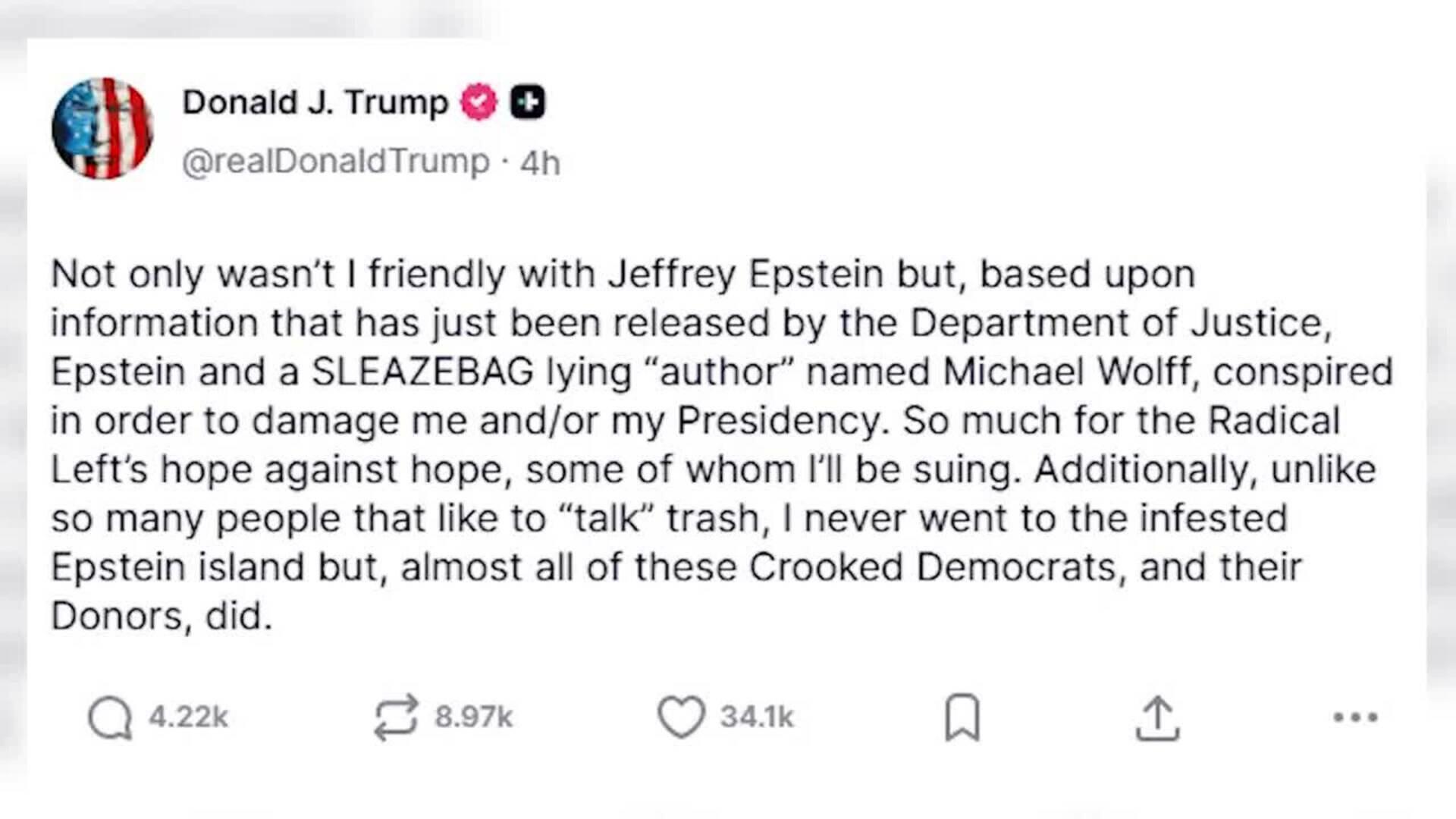 Trump subraya que no estuvo en la isla de Epstein y anticipa demandas contra la izquierda