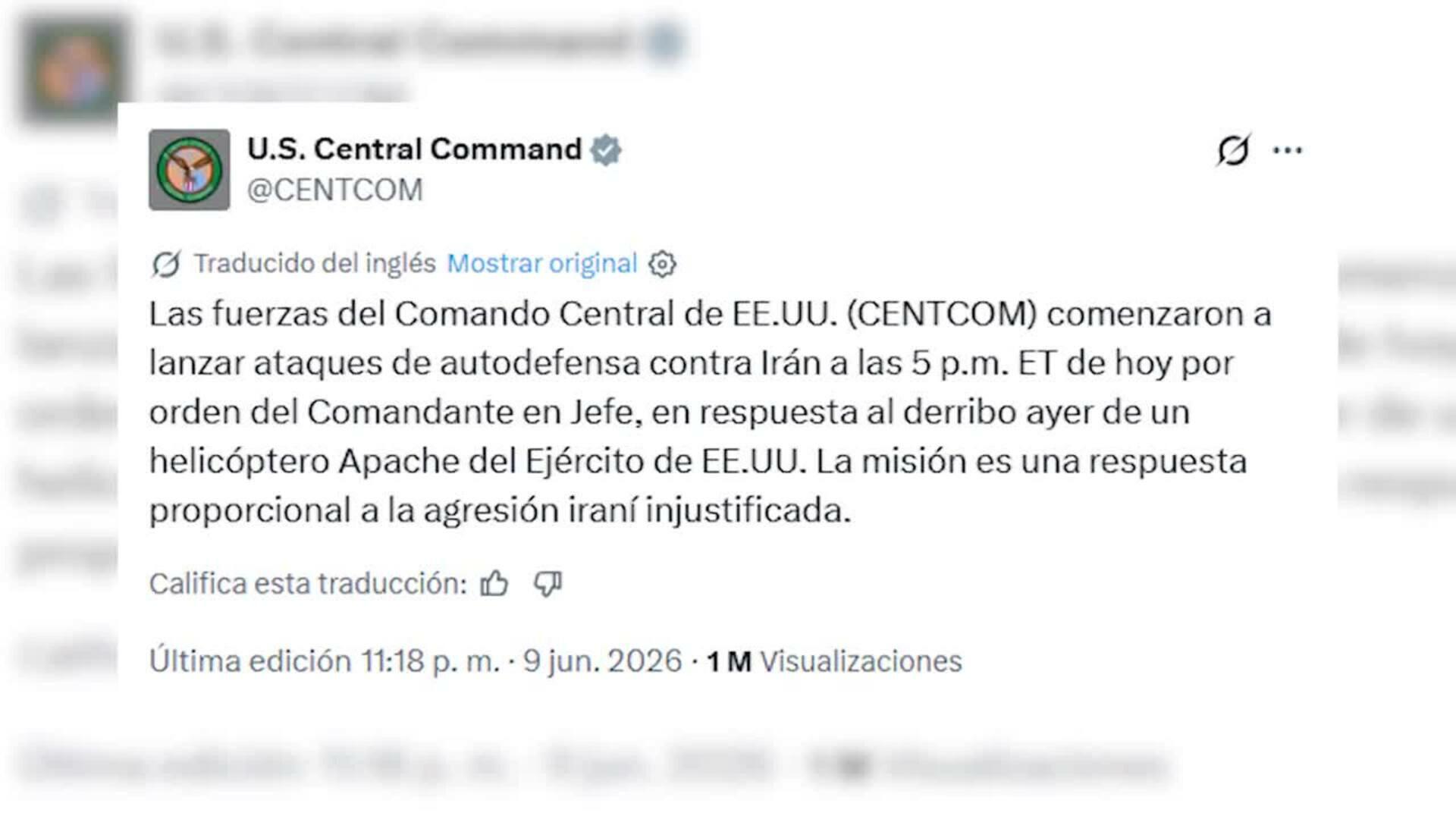 EEUU ataca Irán "en legítima defensa" por el "derribo" de un helicóptero en Ormuz