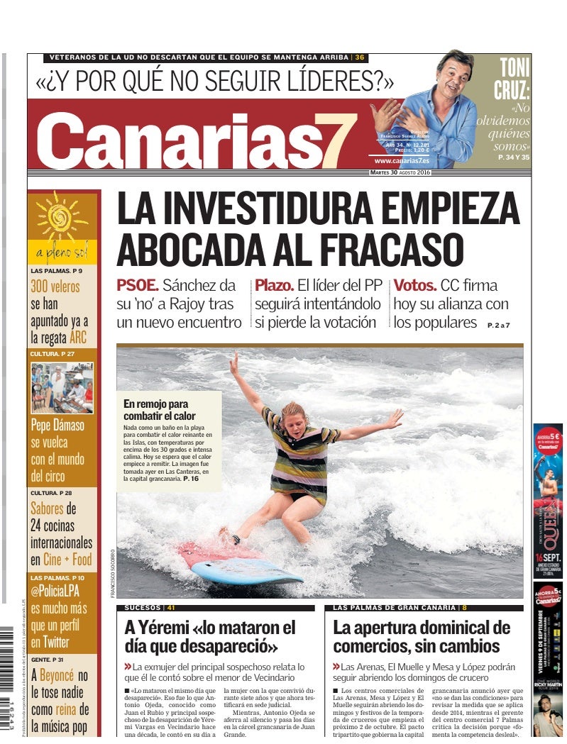 Portada Canarias7 30-08-2016
