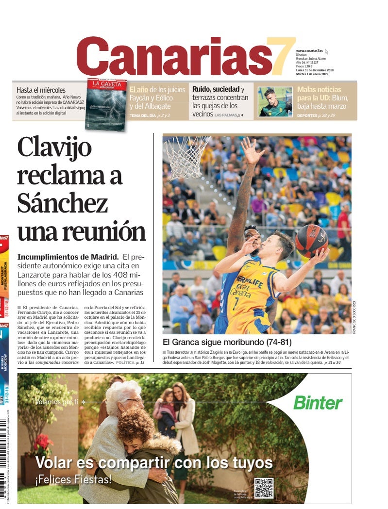 Portada Canarias7 31-12-2018